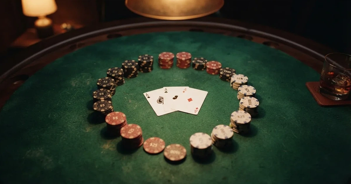 Mesa de jogo iluminada com cartas, vista de cima — casino slots portugues