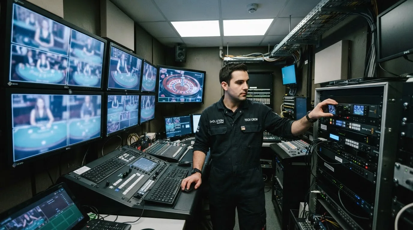 Técnico de uniforme escuro a verificar câmaras e equipamento numa sala de controlo de um estúdio de televisão, com vários monitores desfocados.