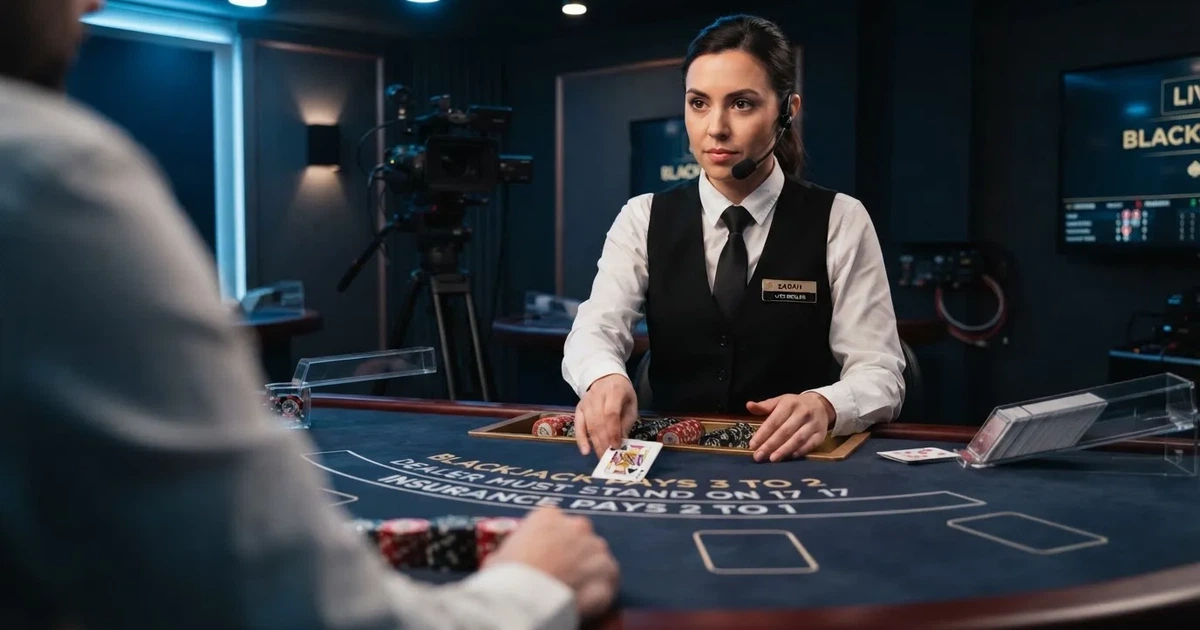 Croupier de colete a distribuir cartas numa mesa de blackjack de estúdio, com iluminação azulada e câmara de transmissão ao fundo.