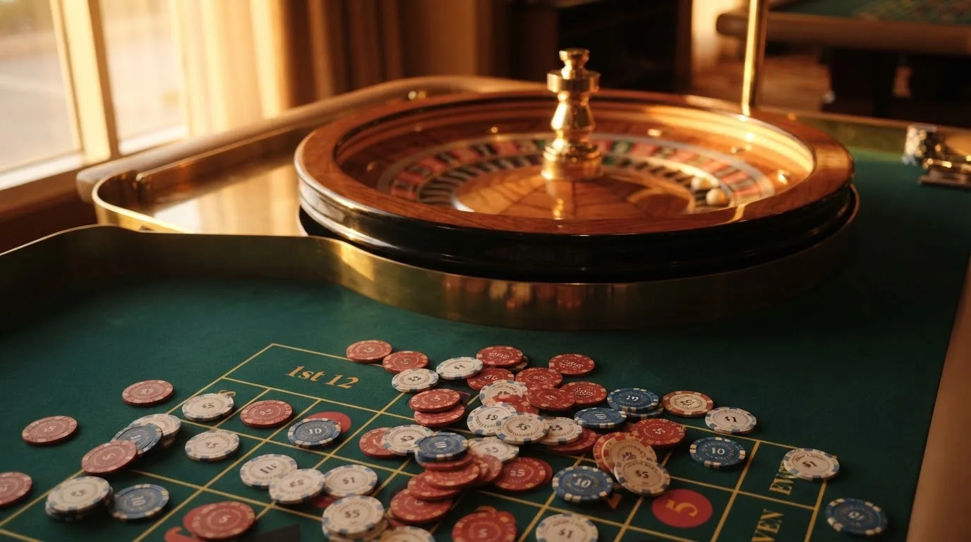 Roda de roleta e fichas sobre feltro verde, sob uma luz quente de fim de tarde — casinos com apple pay em portugal