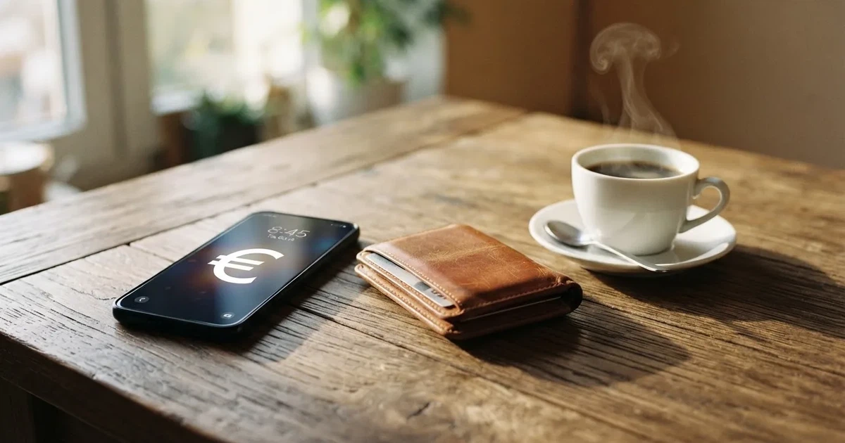 Telemóvel numa mesa de madeira ao lado de uma carteira e de uma chávena de café — casinos com apple pay em portugal