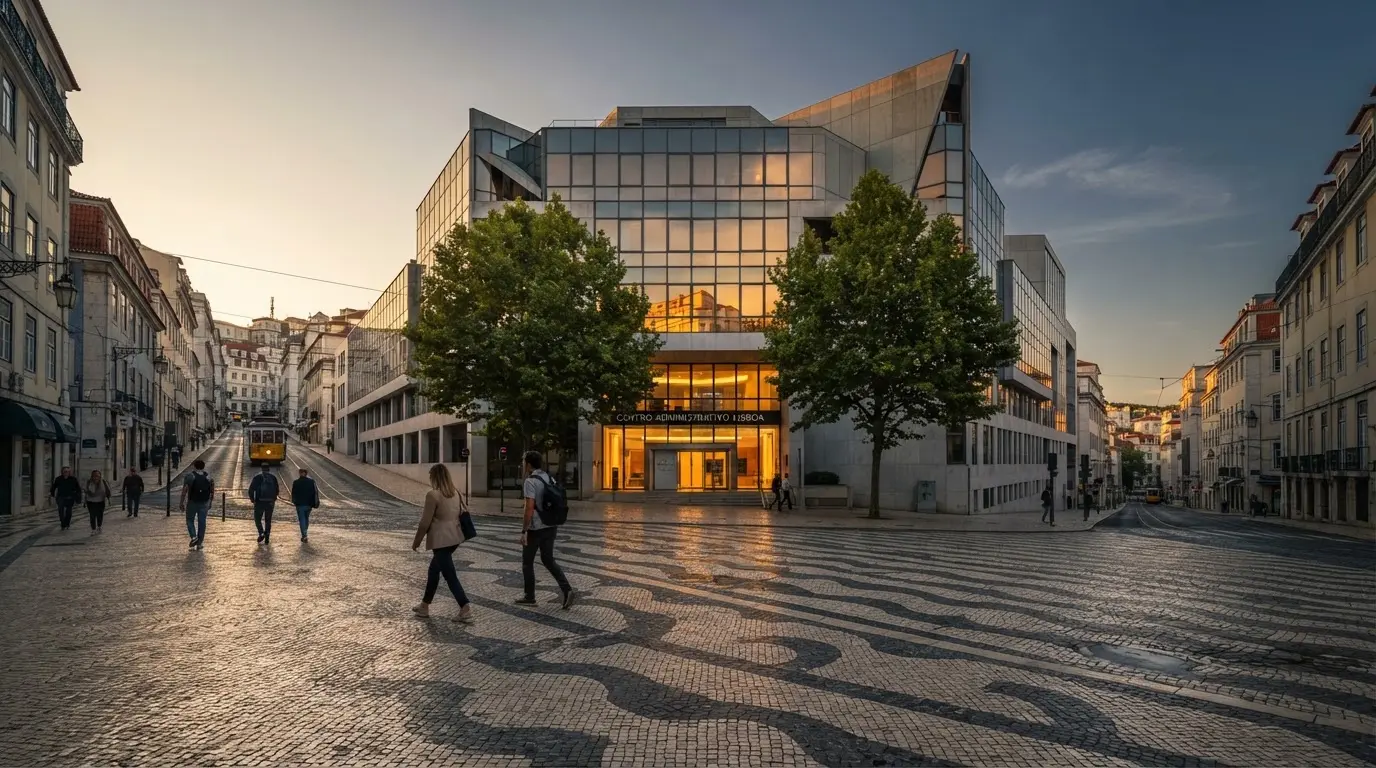 Fachada de um edifício administrativo moderno em Lisboa ao entardecer, com janelas amplas, calçada portuguesa e algumas pessoas a passar.