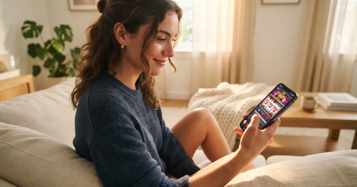 Mão de uma mulher a segurar um telemóvel numa sala de estar iluminada, com um sorriso discreto, numa fotografia realista de luz natural.