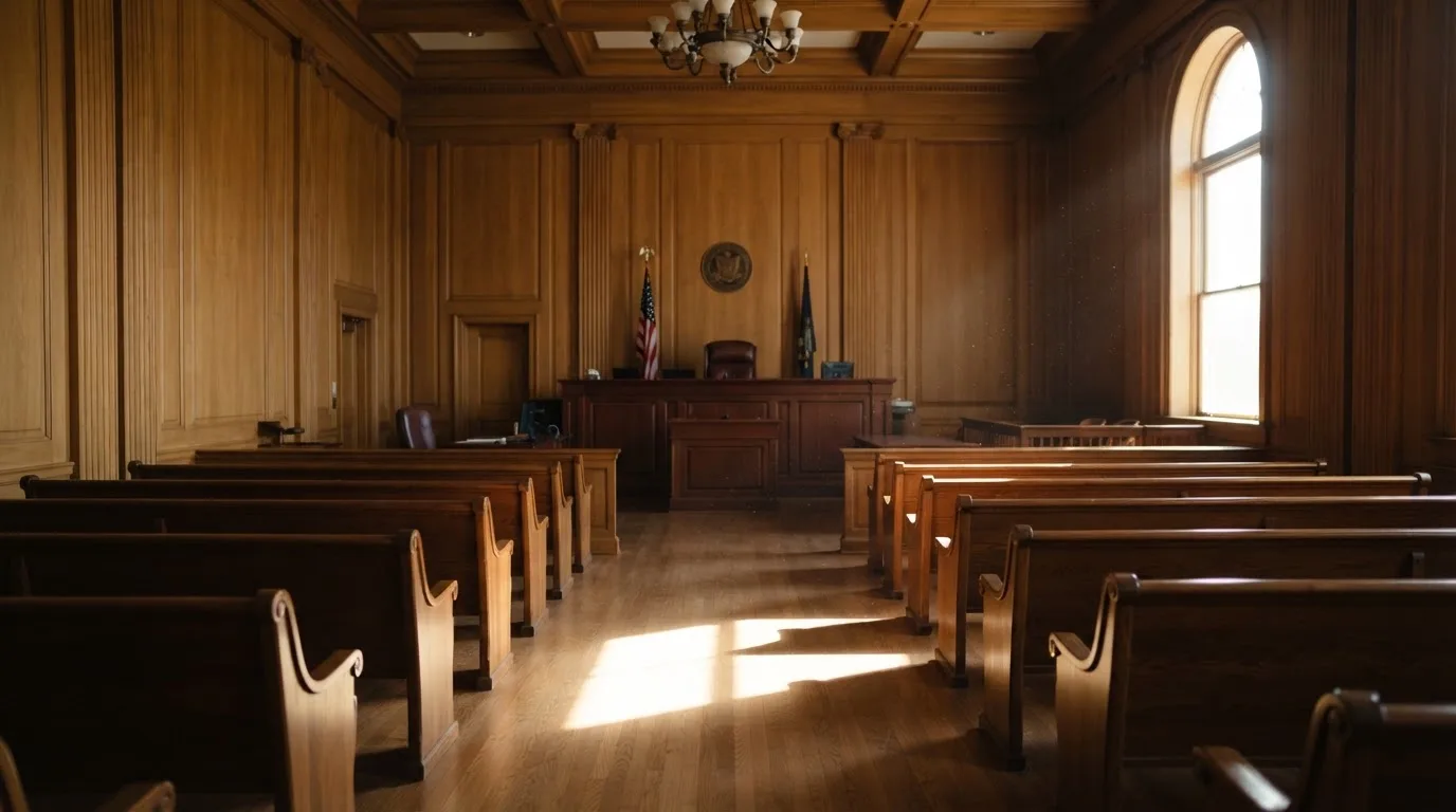 Sala de tribunal vazia com painéis de madeira, à luz da manhã — casinos com bônus em portugal