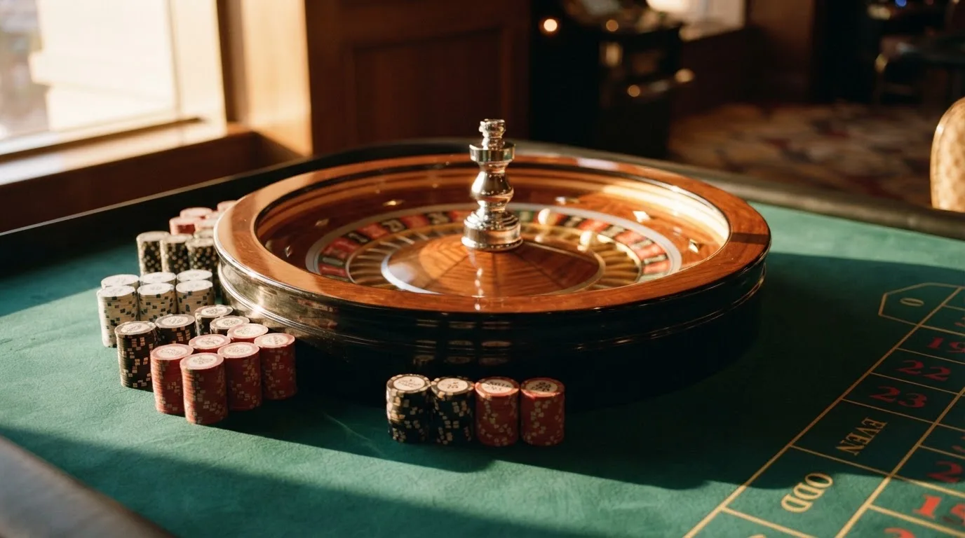 Roda de roleta e fichas sobre feltro verde, sob uma luz quente de fim de tarde — casinos com bônus em portugal