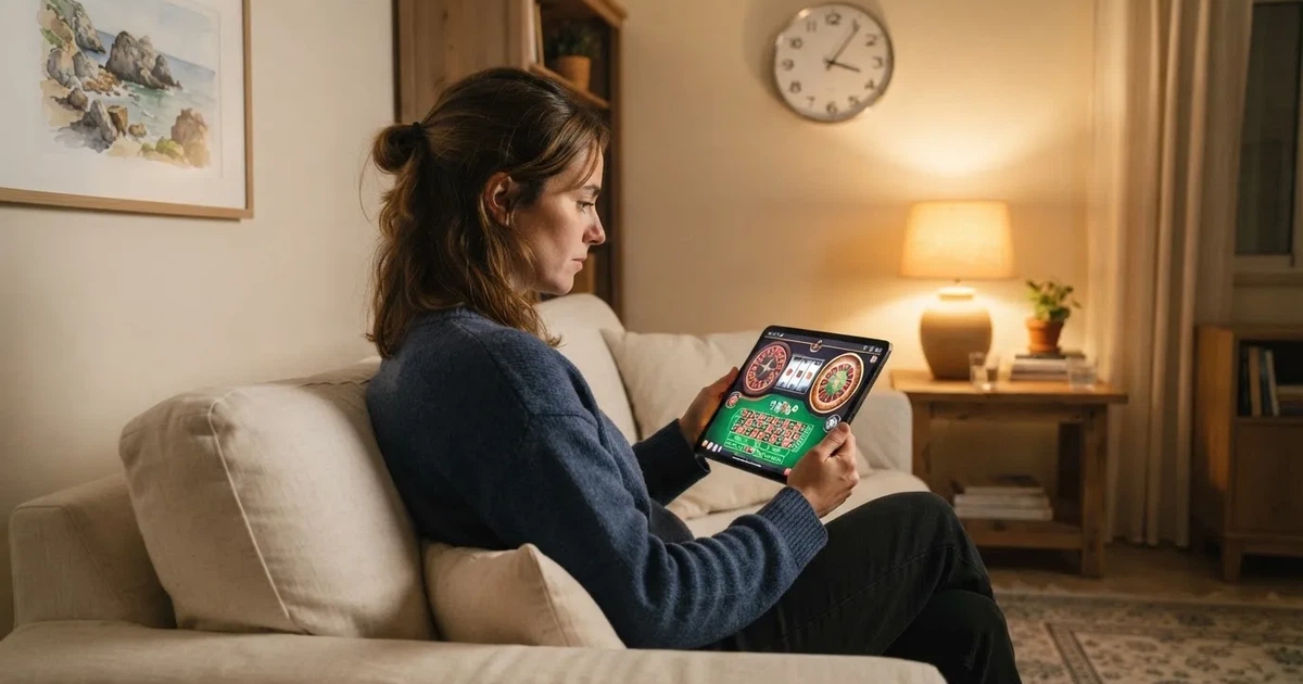 Pessoa num sofá a olhar pensativa para um tablet, com um relógio na parede atrás — casinos com bônus em portugal