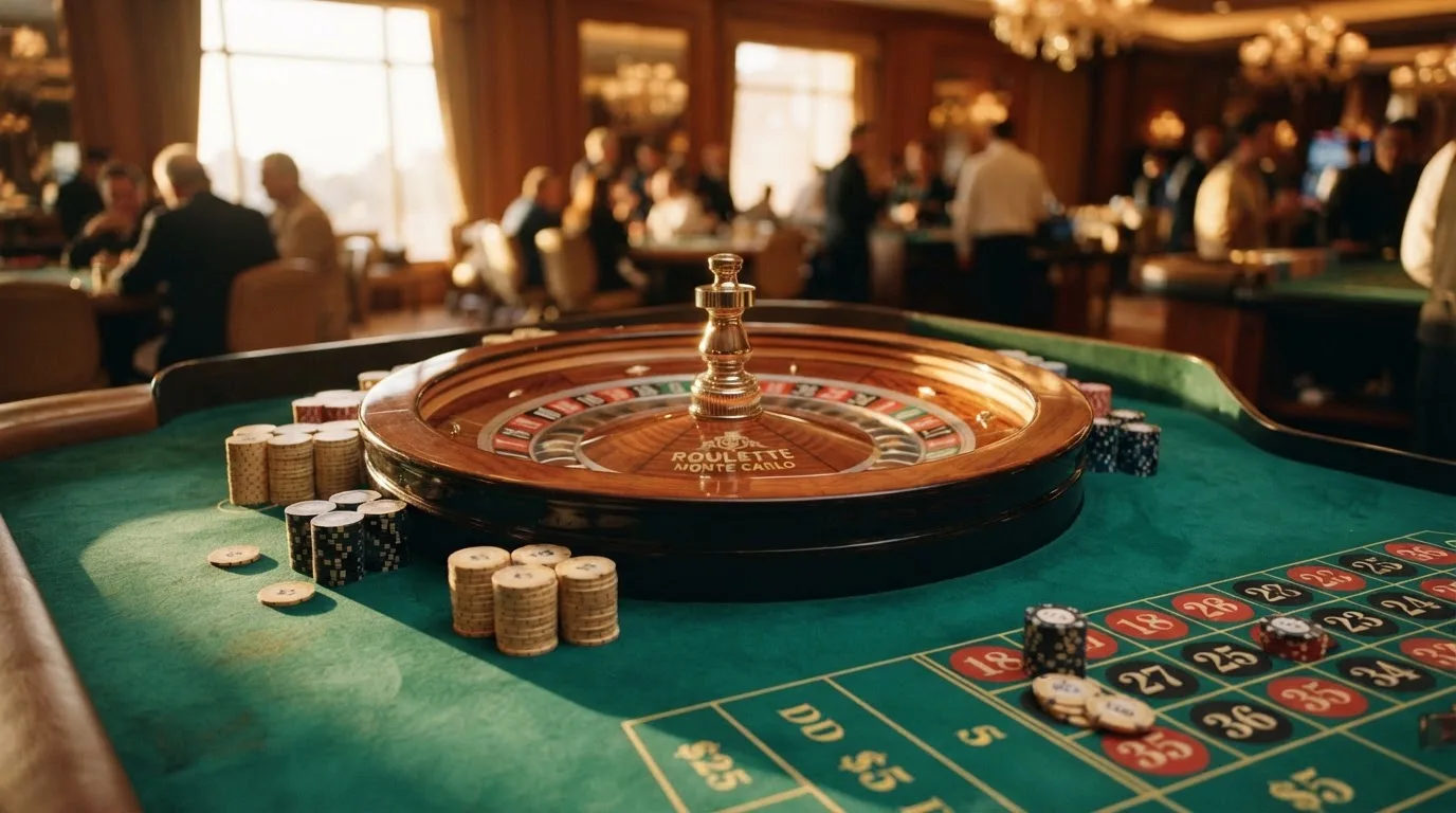Roda de roleta e fichas sobre feltro verde, sob uma luz quente de fim de tarde — casinos com depósito mínimo pt