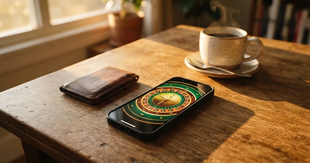 Telemóvel numa mesa de madeira ao lado de uma carteira e de uma chávena de café — casinos com depósito mínimo pt