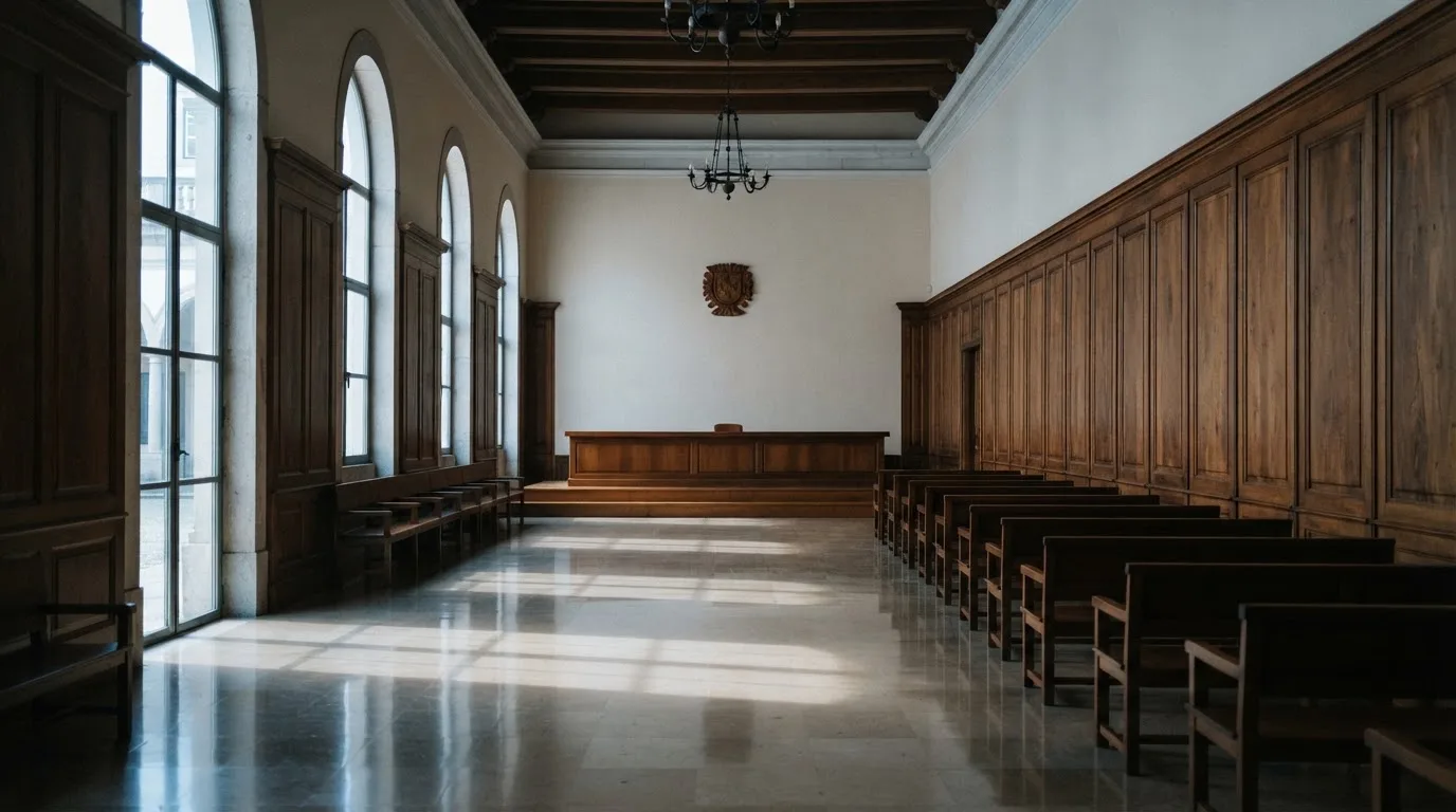 Sala de tribunal vazia com painéis de madeira, à luz da manhã — casinos com dinheiro em portugal