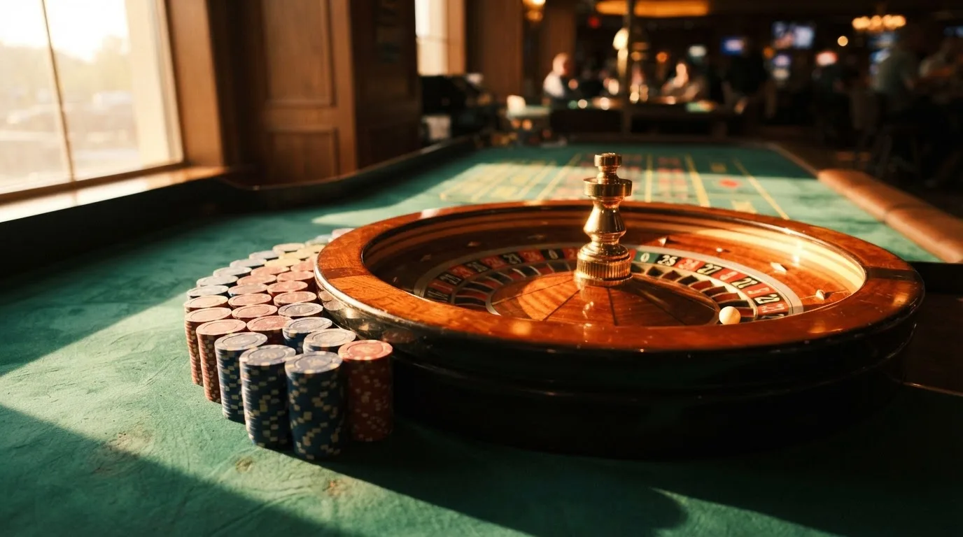 Roda de roleta e fichas sobre feltro verde, sob uma luz quente de fim de tarde — casinos com google pay em portugal