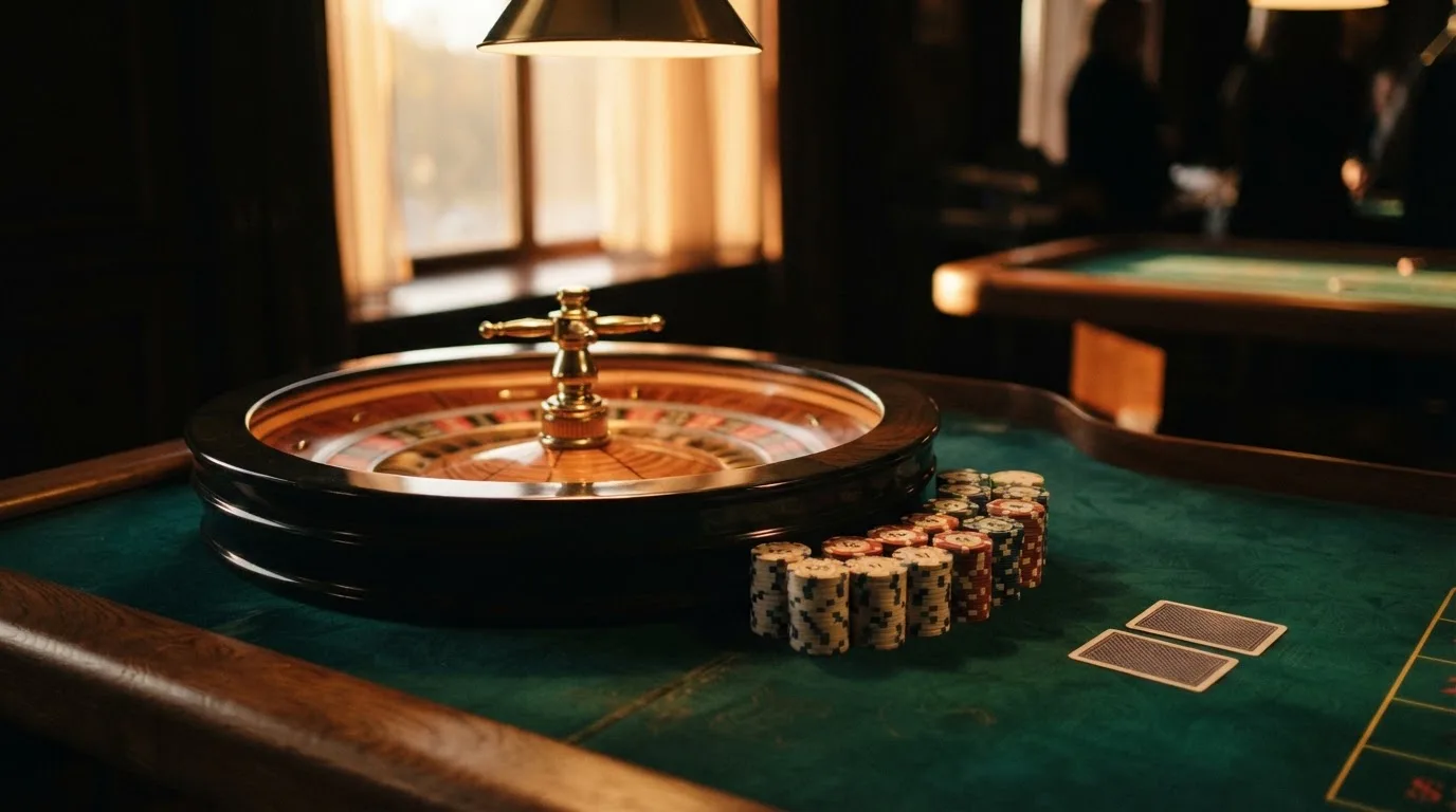 Roda de roleta e fichas sobre feltro verde, sob uma luz quente de fim de tarde — casinos com maestro em portugal