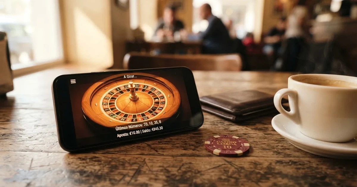 Telemóvel numa mesa de madeira ao lado de uma carteira e de uma chávena de café — casinos com maestro em portugal
