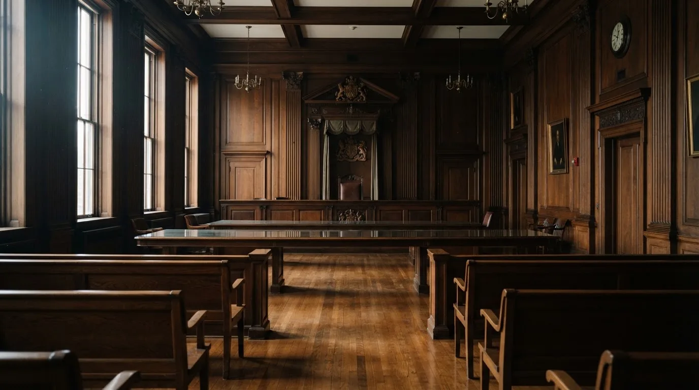Sala de tribunal vazia com painéis de madeira, à luz da manhã — casinos com mastercard em portugal