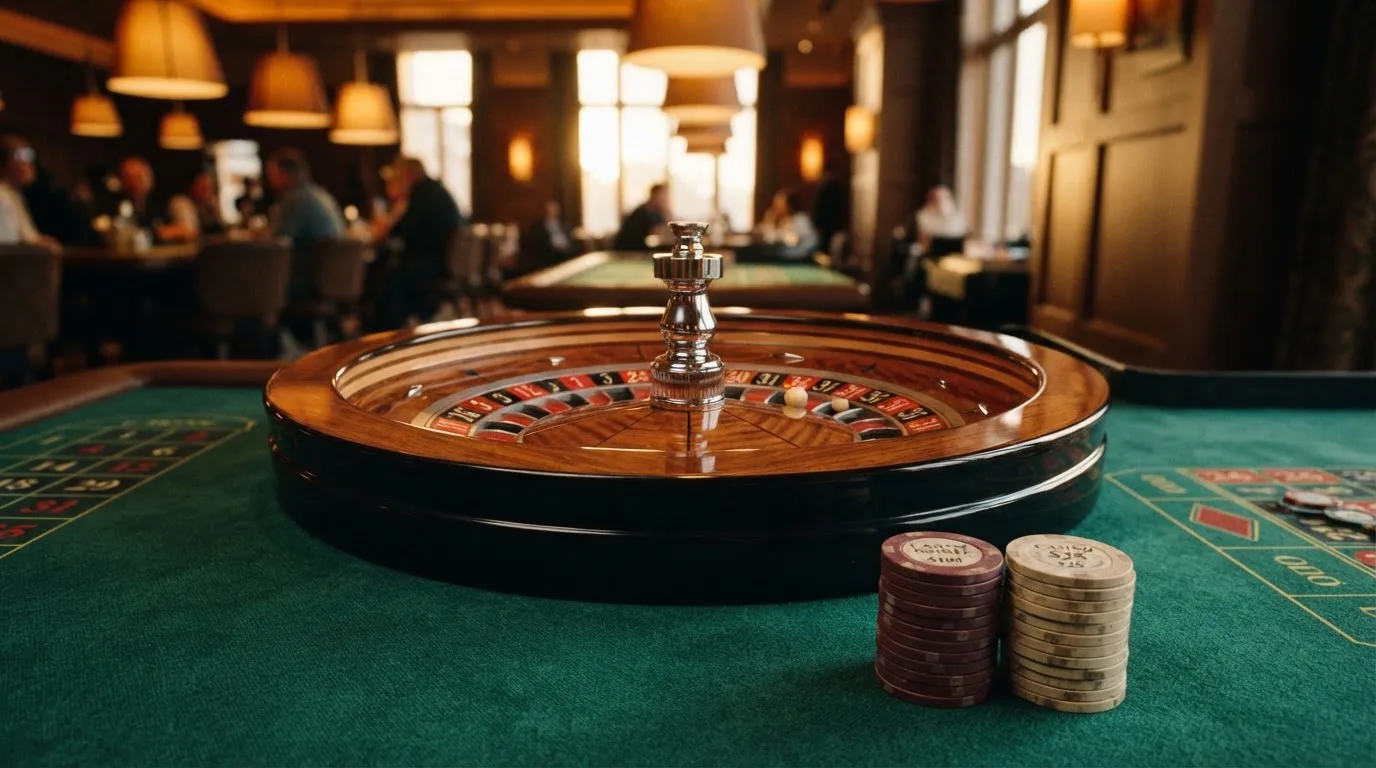 Roda de roleta e fichas sobre feltro verde, sob uma luz quente de fim de tarde — casinos com mastercard em portugal