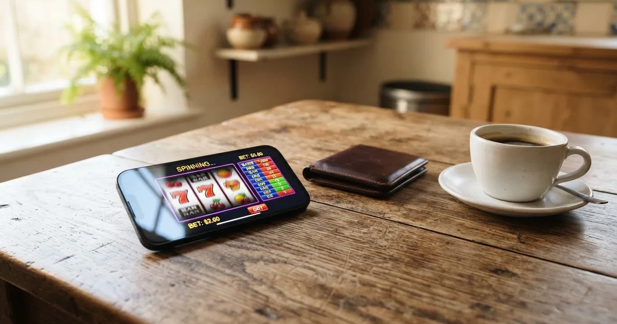 Telemóvel numa mesa de madeira ao lado de uma carteira e de uma chávena de café — casinos com mastercard em portugal