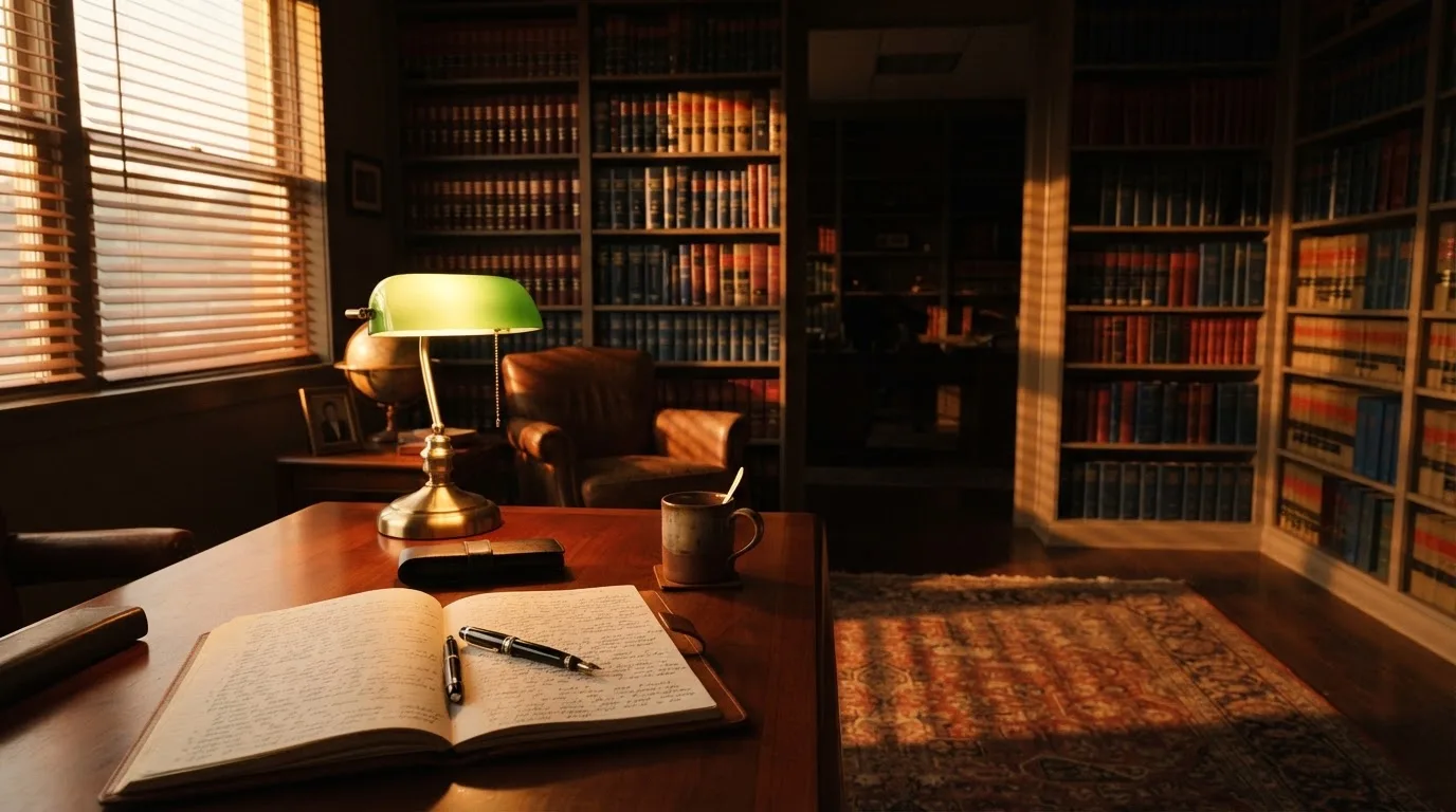 Escritório de advocacia com secretária de madeira, candeeiro de leitura e estantes de livros, sem pessoas, luz tranquila de fim de tarde.