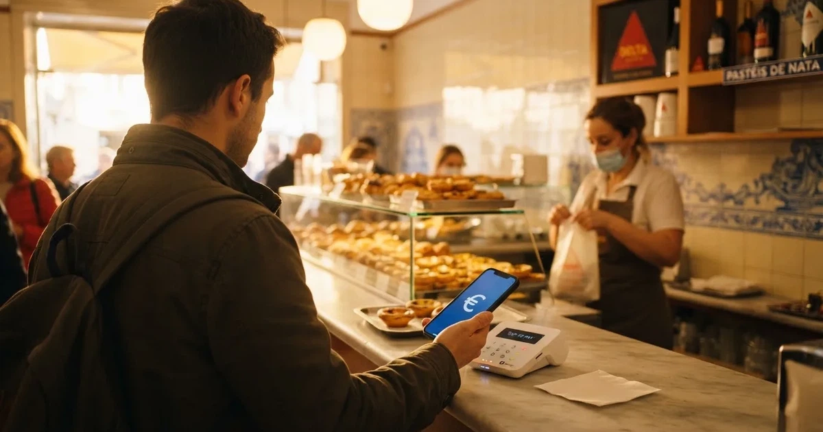 Cliente numa pastelaria portuguesa a pagar com o telemóvel num terminal discreto, balcão de vidro com pastéis desfocados ao fundo.