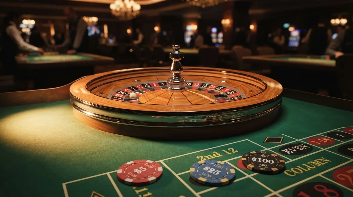 Roda de roleta e fichas sobre feltro verde, sob uma luz quente de fim de tarde — casinos com mifinity em portugal