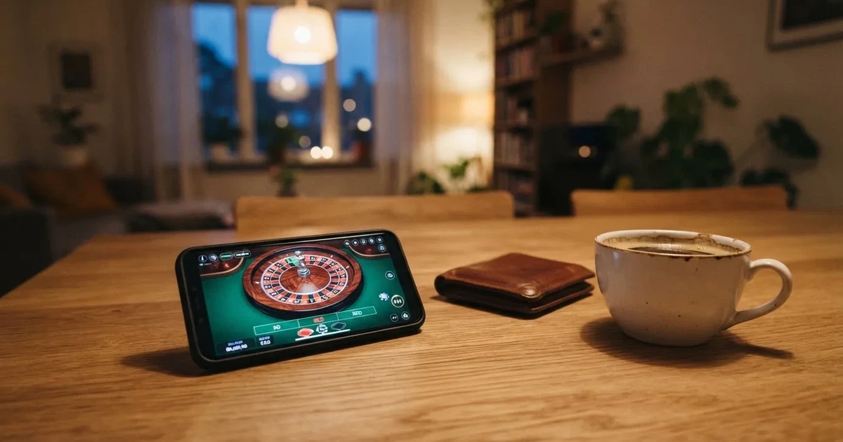 Telemóvel numa mesa de madeira ao lado de uma carteira e de uma chávena de café — casinos com mifinity em portugal