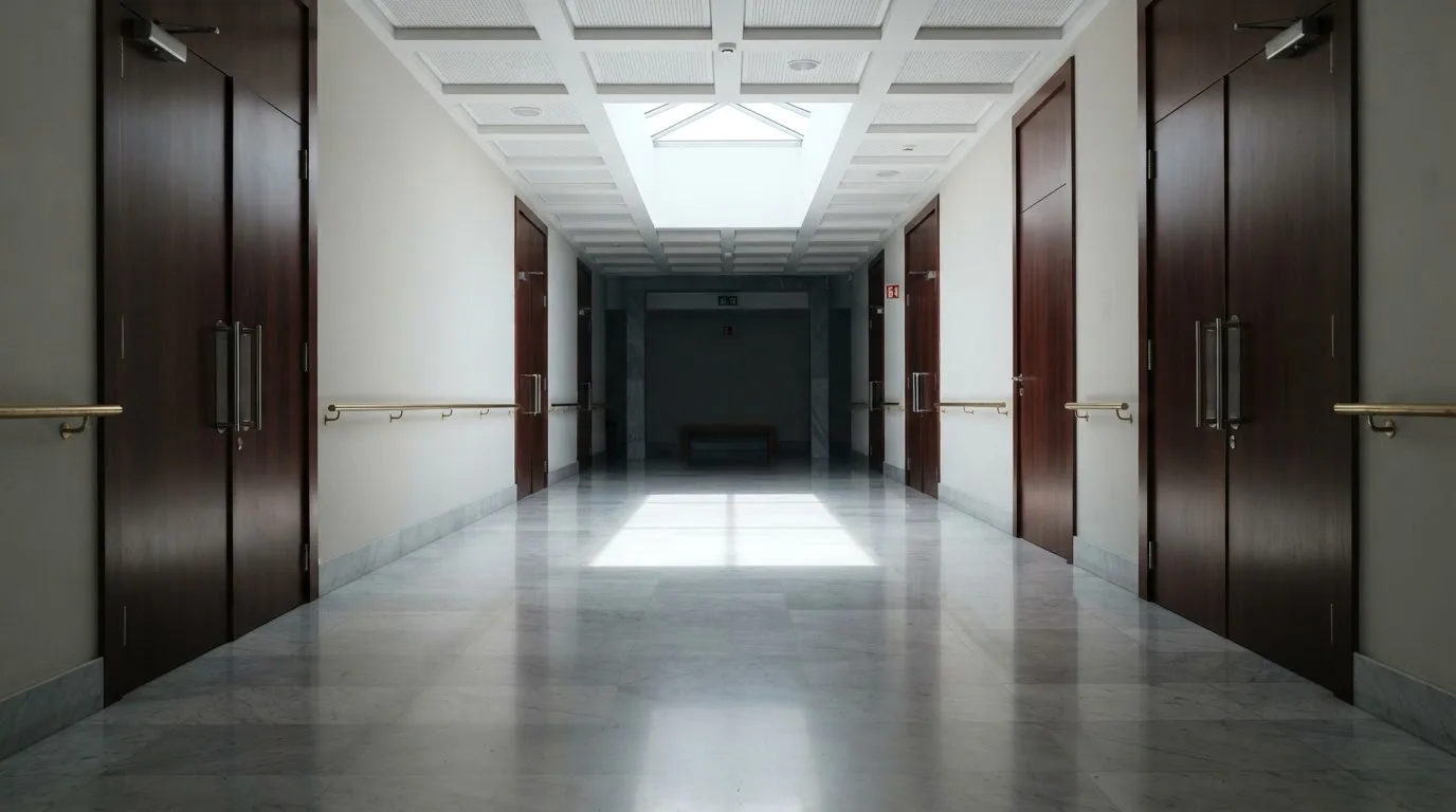 Corredor de um tribunal moderno com portas de madeira e pavimento polido, sem pessoas, luz natural vinda de uma claraboia.