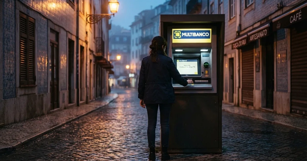 Pessoa de costas a usar um terminal bancário de rua ao anoitecer, com reflexos de candeeiros na calçada molhada.