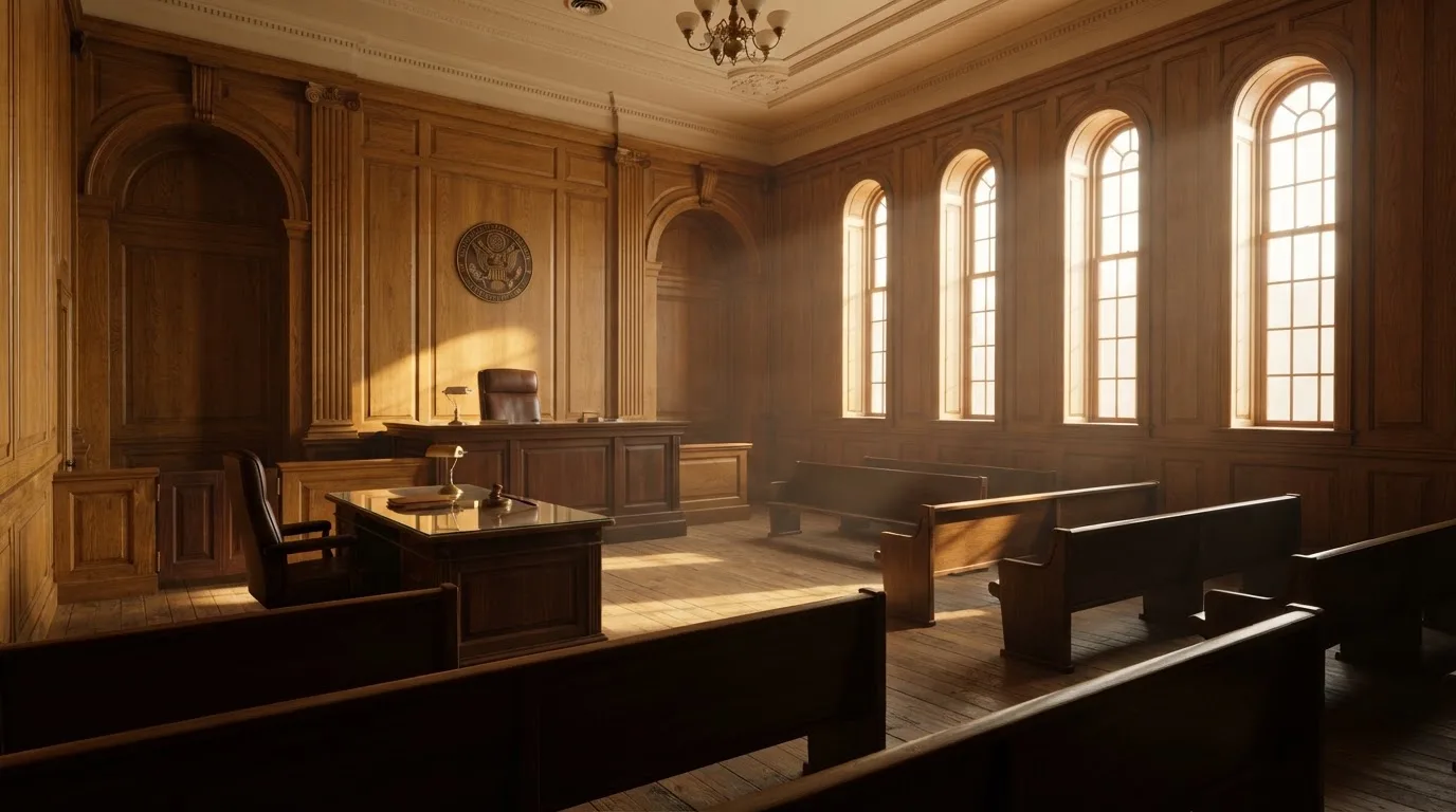 Sala de tribunal vazia com painéis de madeira, à luz da manhã — casinos com neteller em portugal