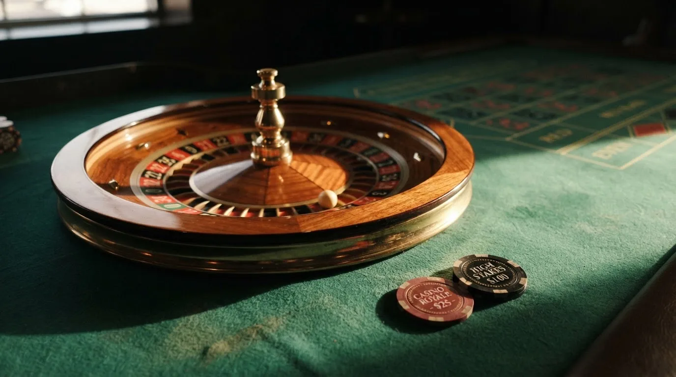 Roda de roleta e fichas sobre feltro verde, sob uma luz quente de fim de tarde — casinos com neteller em portugal