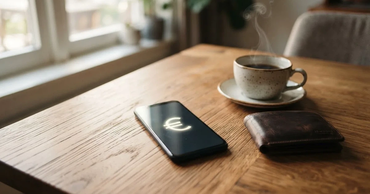 Telemóvel numa mesa de madeira ao lado de uma carteira e de uma chávena de café — casinos com neteller em portugal