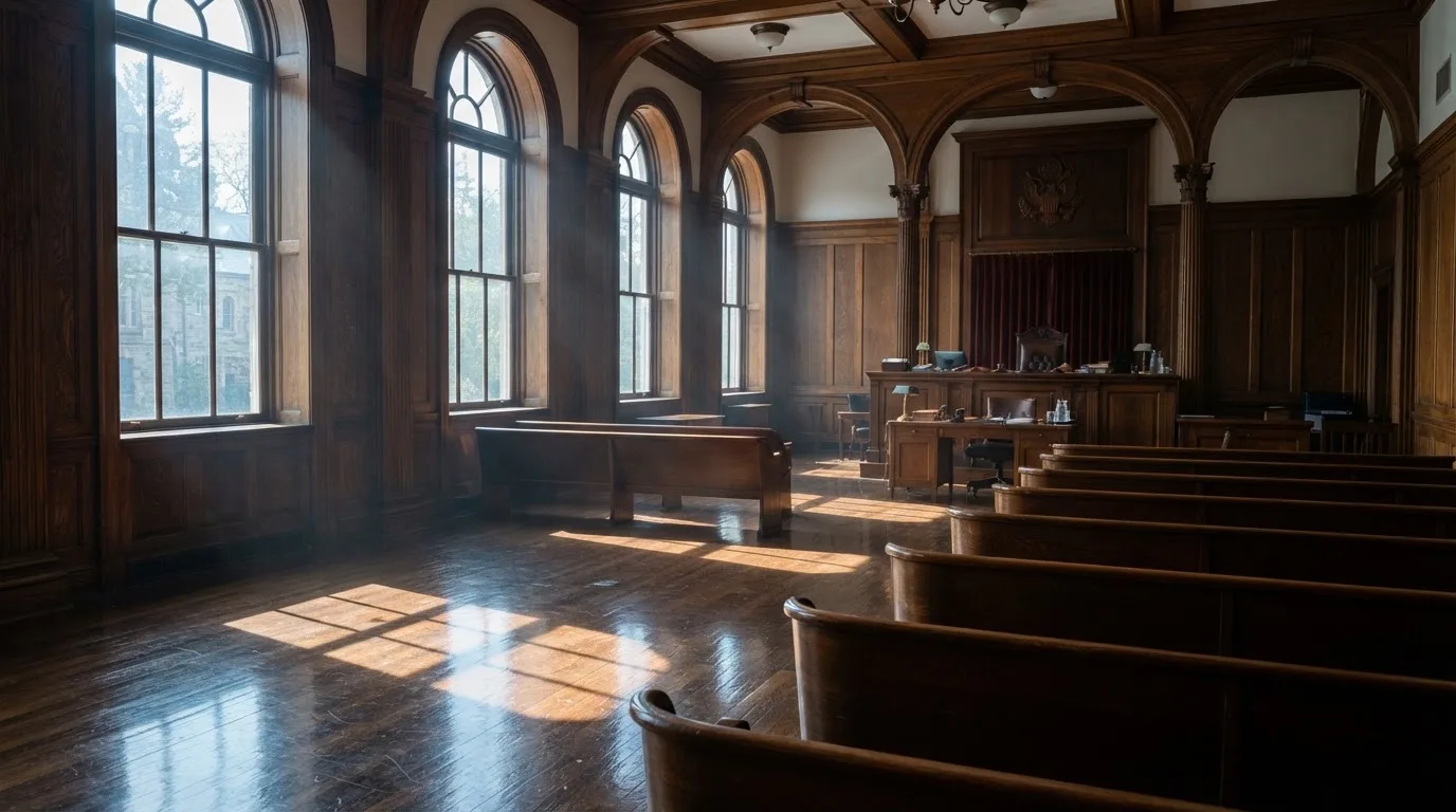 Sala de tribunal vazia com painéis de madeira, à luz da manhã — casinos com paypal em portugal