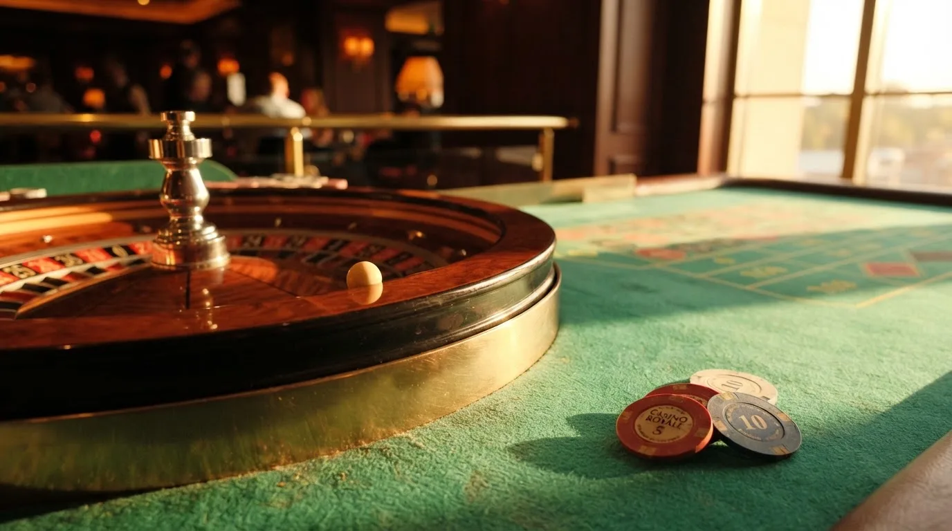 Roda de roleta e fichas sobre feltro verde, sob uma luz quente de fim de tarde — casinos com paypal em portugal