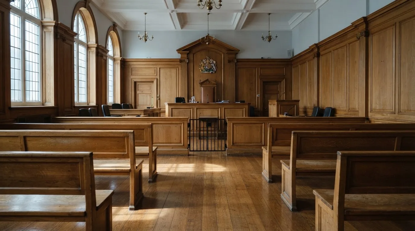 Sala de tribunal vazia com painéis de madeira, à luz da manhã — casinos com paysafecard em portugal
