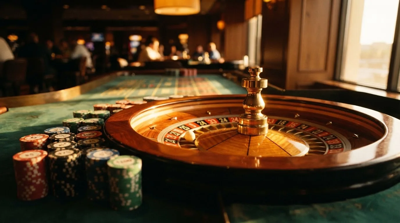 Roda de roleta e fichas sobre feltro verde, sob uma luz quente de fim de tarde — casinos com paysafecard em portugal
