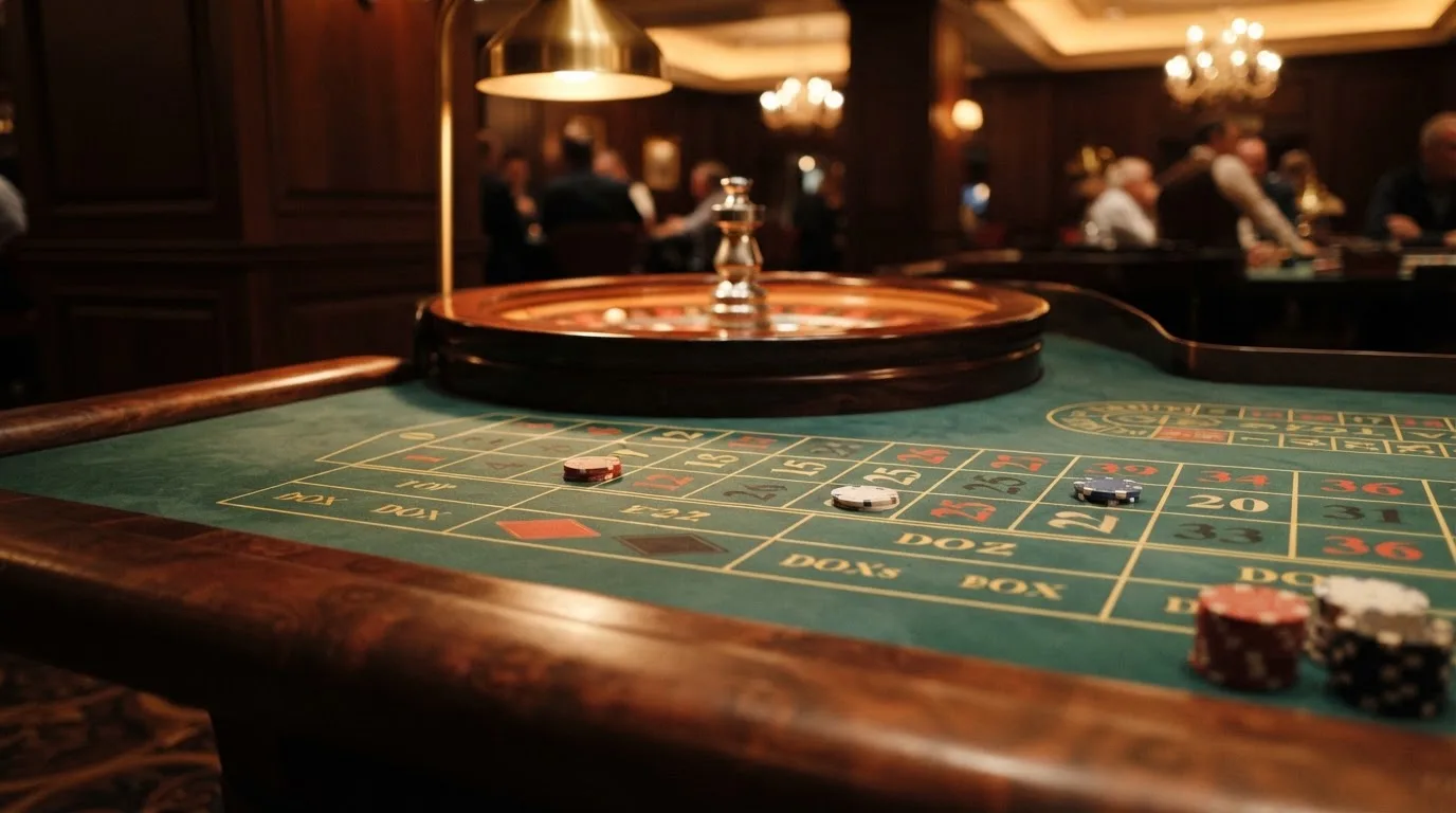 Roda de roleta e fichas sobre feltro verde, sob uma luz quente de fim de tarde — casinos com payu em portugal