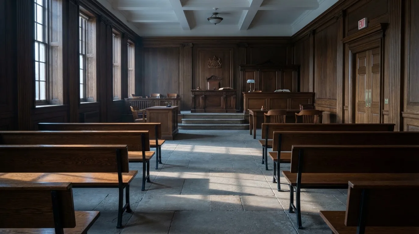 Sala de tribunal vazia com painéis de madeira, à luz da manhã — casinos com rodadas em portugal
