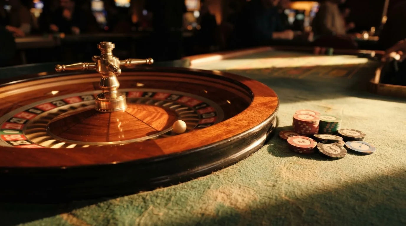 Roda de roleta e fichas sobre feltro verde, sob uma luz quente de fim de tarde — casinos com rodadas em portugal