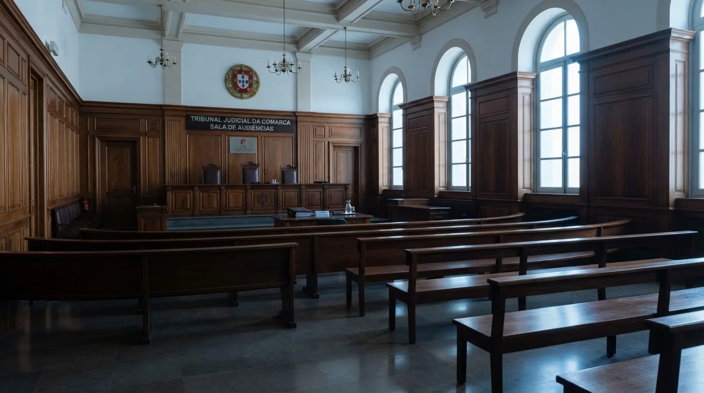 Sala de tribunal vazia com painéis de madeira, à luz da manhã — casinos com skrill em portugal