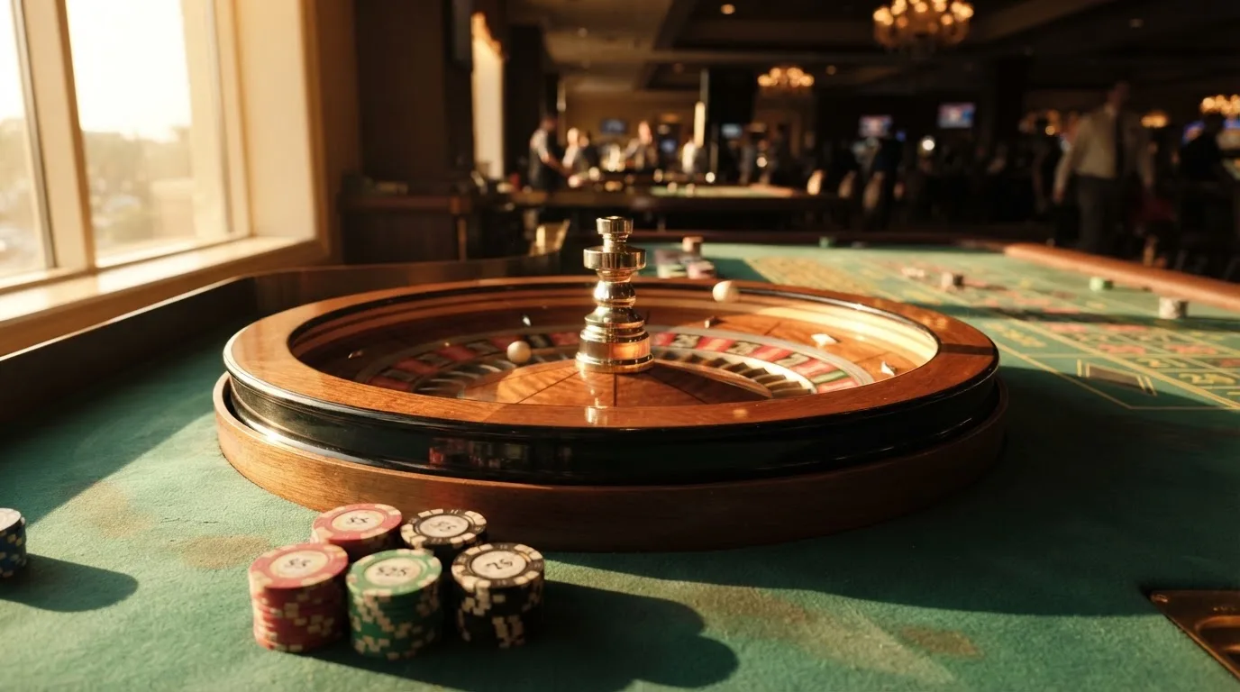 Roda de roleta e fichas sobre feltro verde, sob uma luz quente de fim de tarde — casinos com skrill em portugal