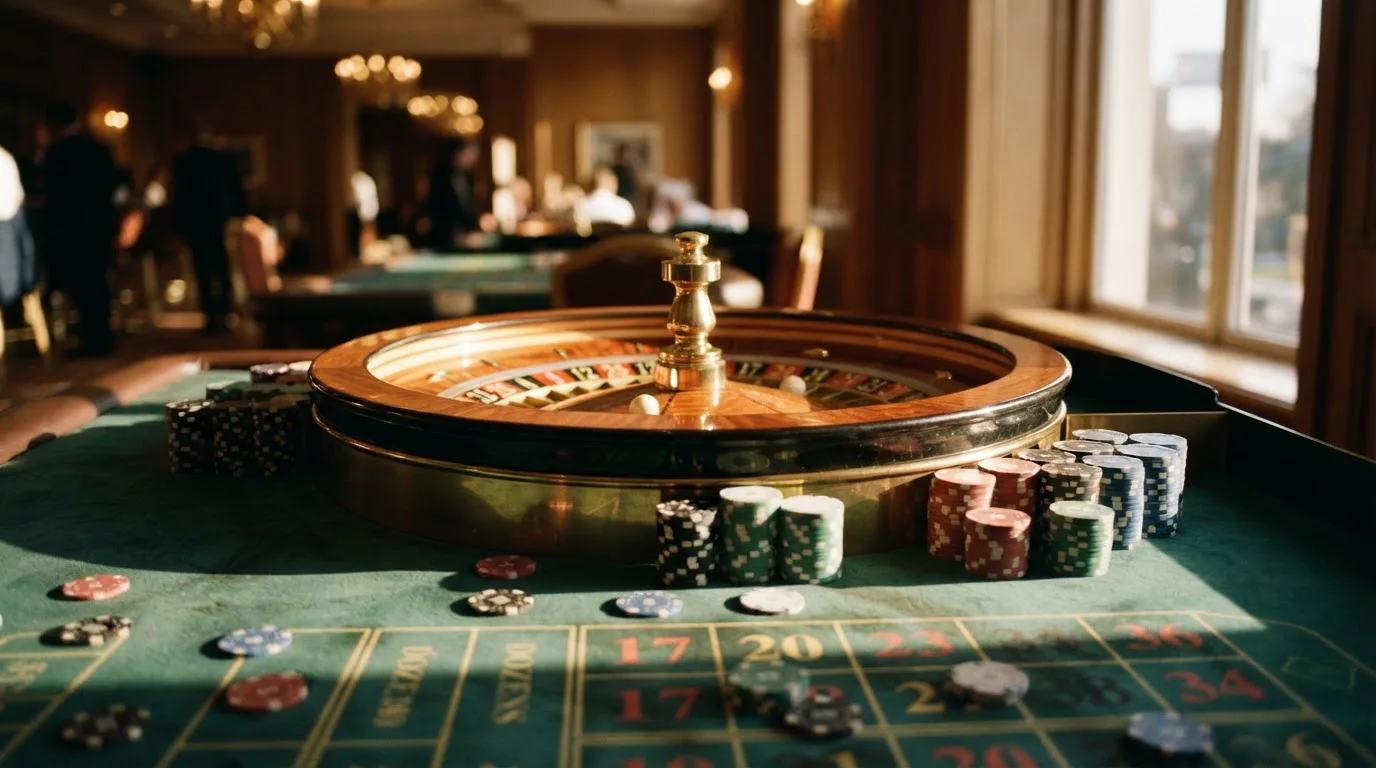 Roda de roleta e fichas sobre feltro verde, sob uma luz quente de fim de tarde — casinos com transferência bancária pt
