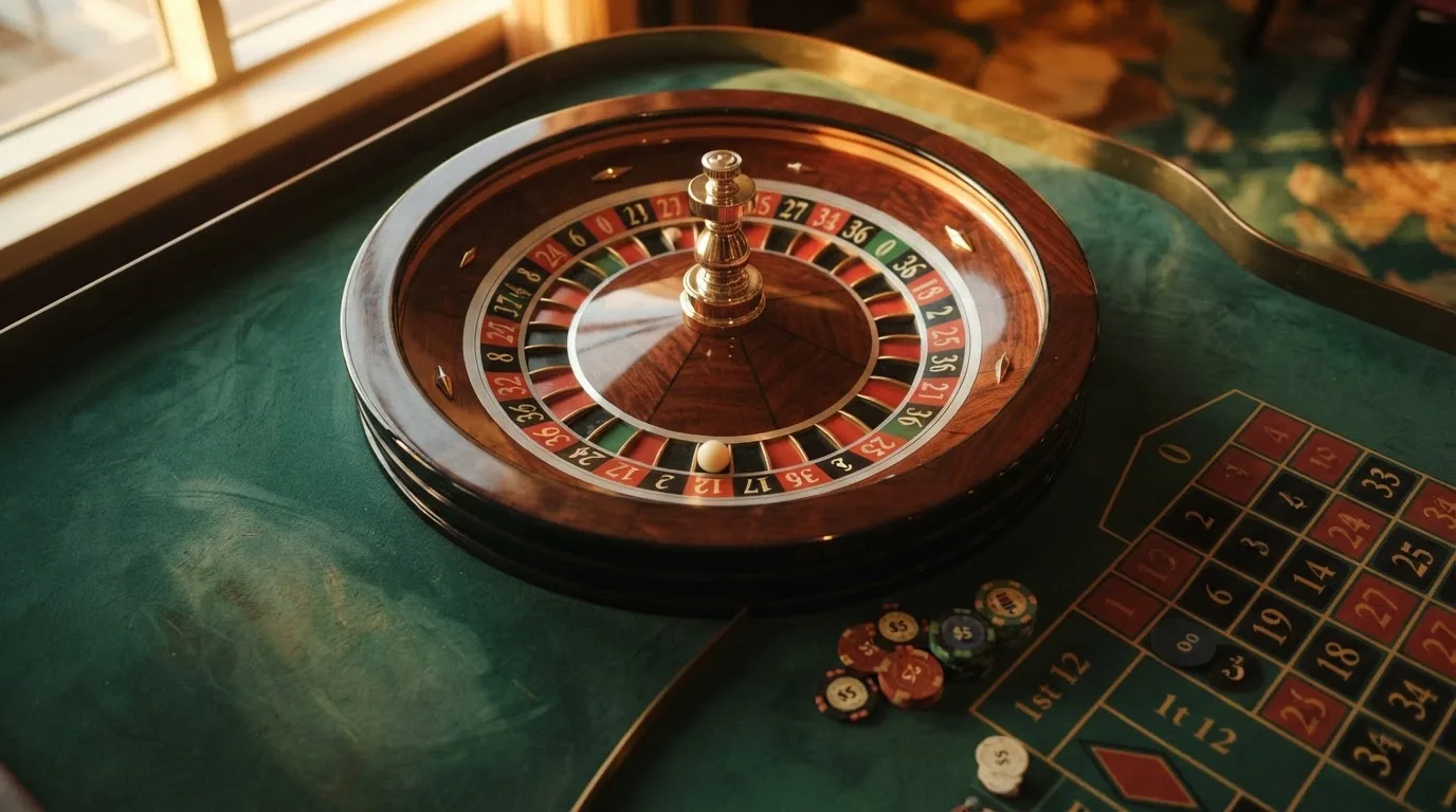 Roda de roleta e fichas sobre feltro verde, sob uma luz quente de fim de tarde — casinos com visa em portugal