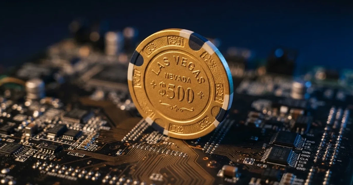 Moeda dourada física a flutuar sobre uma placa de circuitos eletrónicos, fundo azul-escuro desfocado, fotografia macro de estúdio.