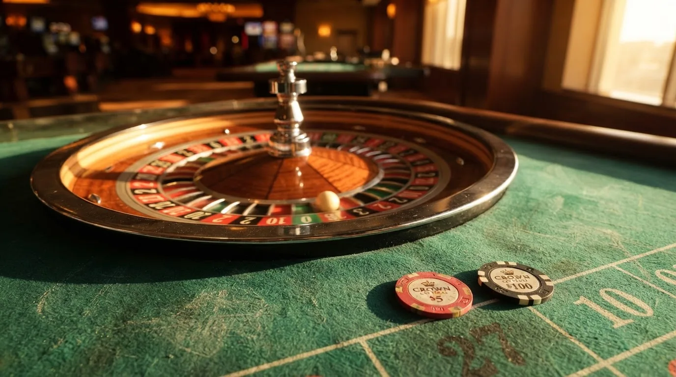 Roda de roleta e fichas sobre feltro verde, sob uma luz quente de fim de tarde — casinos grátis em portugal