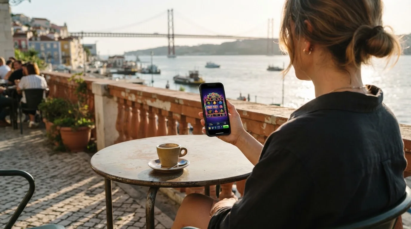 Pessoa a jogar no telemóvel numa esplanada, com um café pousado na mesa e o rio ao fundo, sob sol suave.
