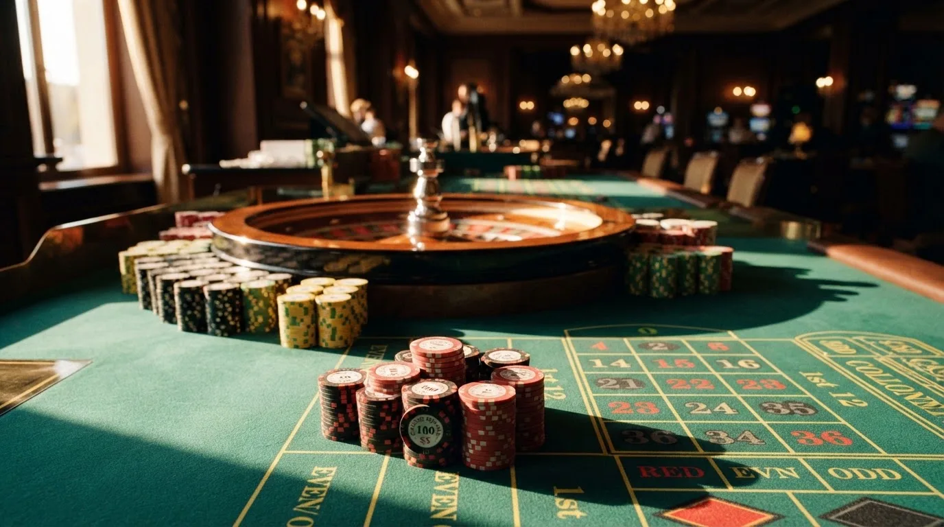 Roda de roleta e fichas sobre feltro verde, sob uma luz quente de fim de tarde — casinos online com depósito pt