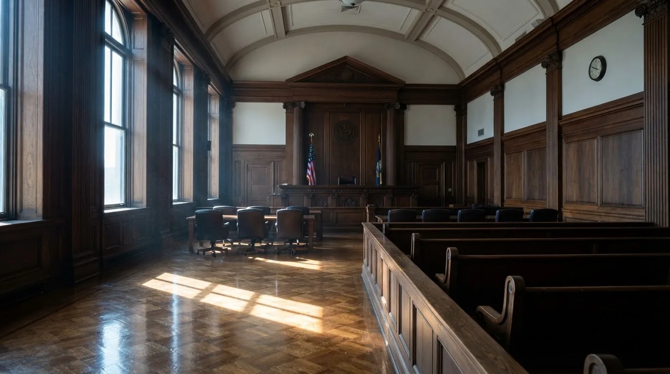 Sala de tribunal vazia com painéis de madeira, à luz da manhã — casinos online grátis em portugal