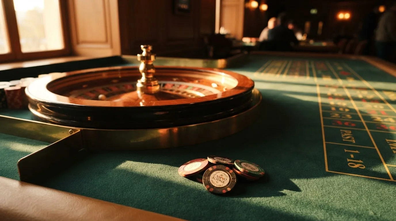 Roda de roleta e fichas sobre feltro verde, sob uma luz quente de fim de tarde — casinos online grátis em portugal