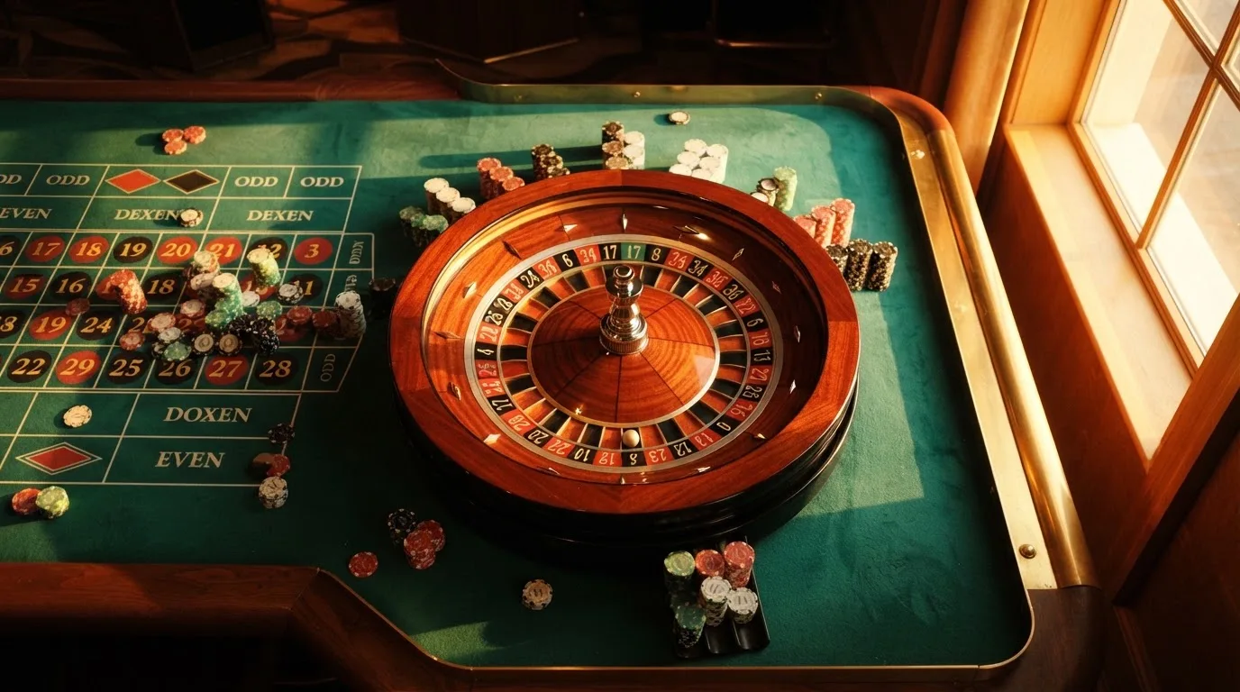 Roda de roleta e fichas sobre feltro verde, sob uma luz quente de fim de tarde — casinos online sem depósito pt