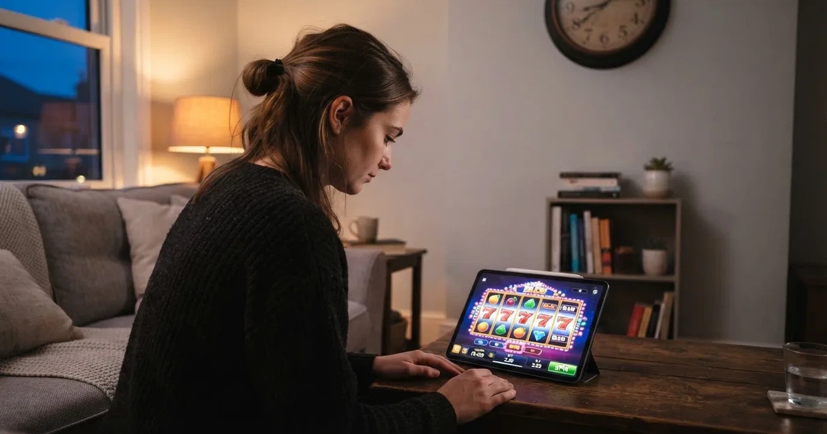 Pessoa num sofá a olhar pensativa para um tablet, com um relógio na parede atrás — casinos online sem depósito pt