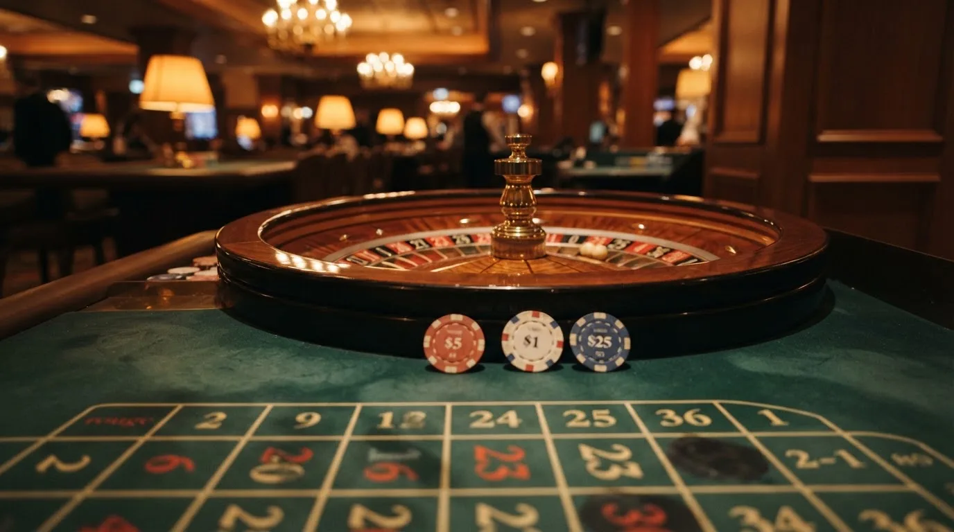 Roda de roleta e fichas sobre feltro verde, sob uma luz quente de fim de tarde — casinos para ganhar dinheiro pt