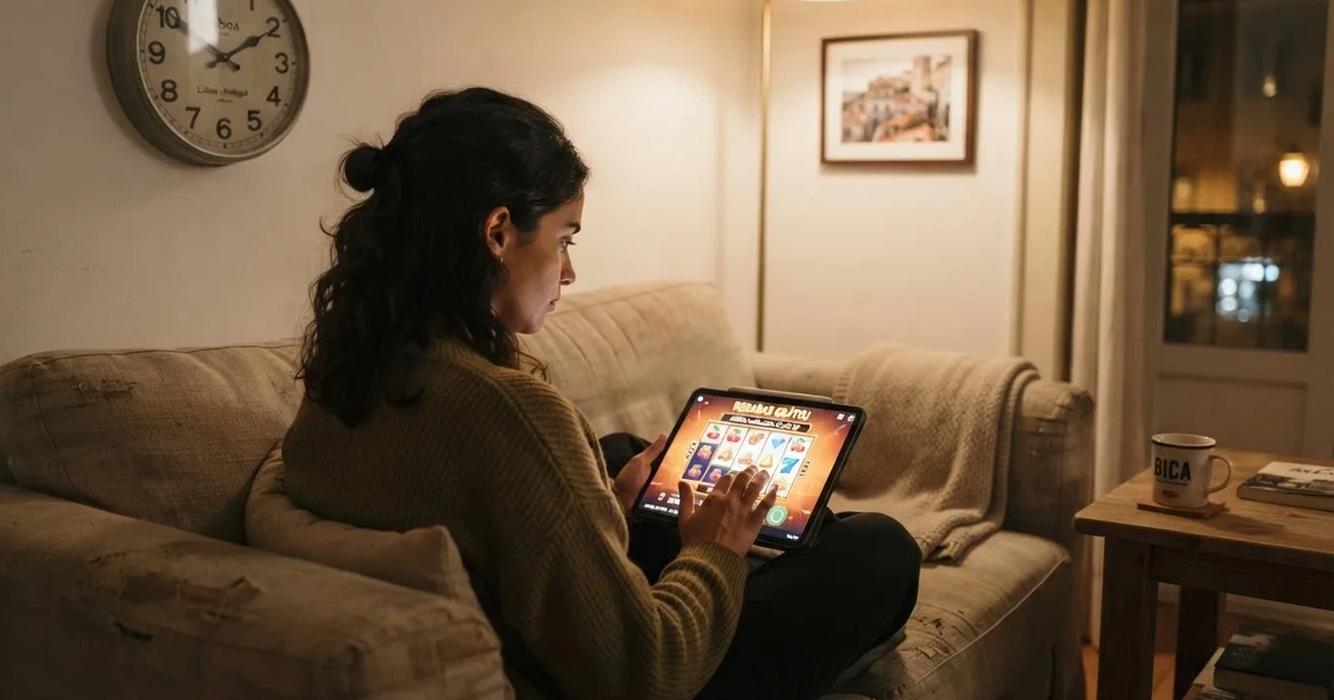 Pessoa num sofá a olhar pensativa para um tablet, com um relógio na parede atrás — cassino com bônus em portugal