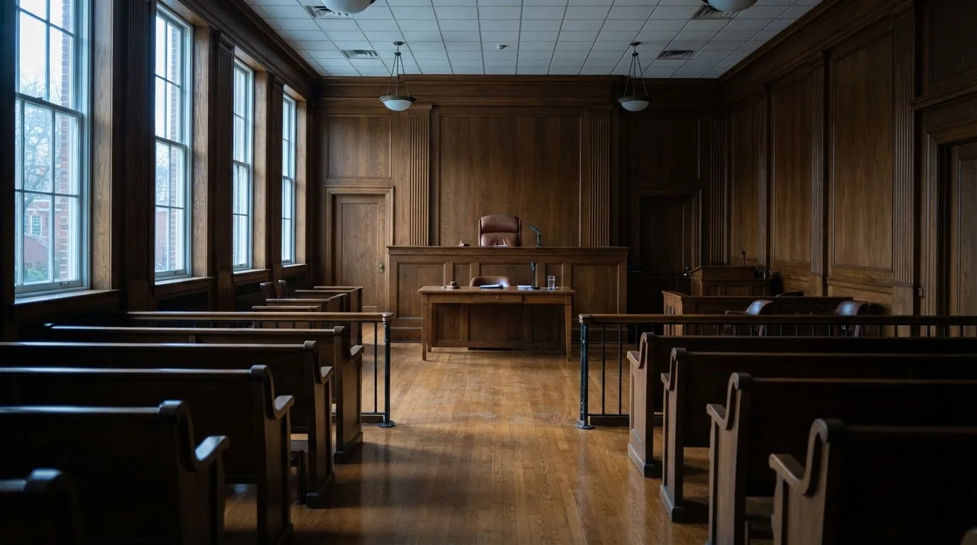 Sala de tribunal vazia com painéis de madeira, à luz da manhã — cassino grátis em portugal